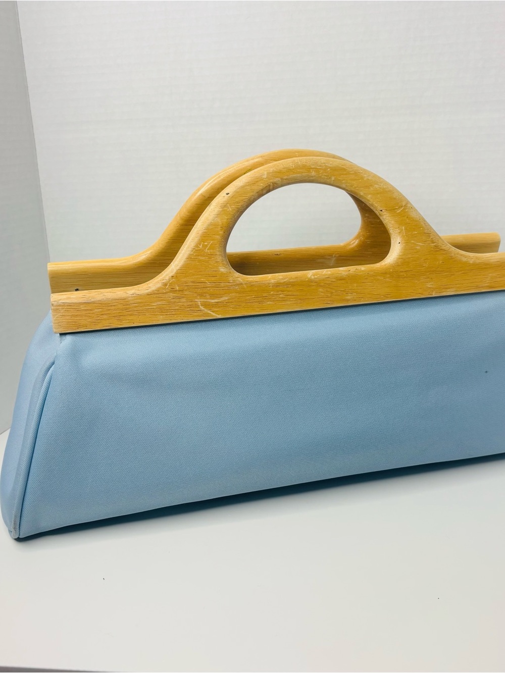 Estee Lauder Light Blue Clutch with Wooden Top Handles